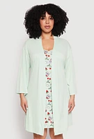 Womens Plus Graphic Print Lace Trim Nightgown and Robe, 1X