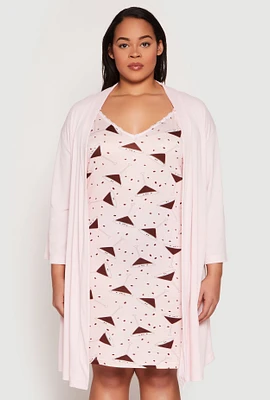 Womens Plus Size Graphic Print Lace Trim Nightgown and Robe, Pink, Size 1X