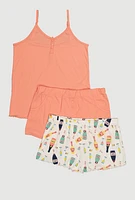 Womens Plus Size Henley Pajama Cami and Champagne Shorts 3 Pack, Multi, Size 1X
