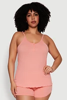 Womens Plus Size Henley Pajama Cami and Champagne Shorts 3 Pack, Multi, Size 1X