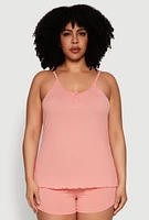 Womens Plus Size Henley Pajama Cami and Champagne Shorts 3 Pack, Multi, Size 1X