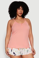 Womens Plus Size Henley Pajama Cami and Champagne Shorts 3 Pack, Multi, Size 1X