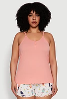 Womens Plus Size Henley Pajama Cami and Champagne Shorts 3 Pack, Multi, Size 1X