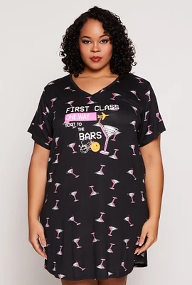 Womens Plus Size First Class Martini Graphic Sleepshirt, Black, Size 2X