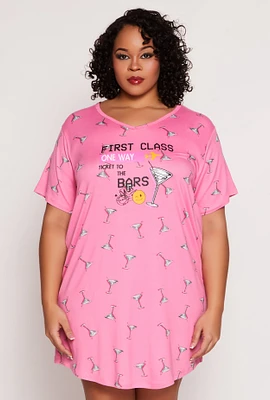 Womens Plus Size First Class Martini Graphic Sleepshirt, Pink, Size 2X