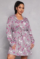 Womens Plus Size Disco Cherry Print Cami Nightgown with Robe, Grey, Size 2X