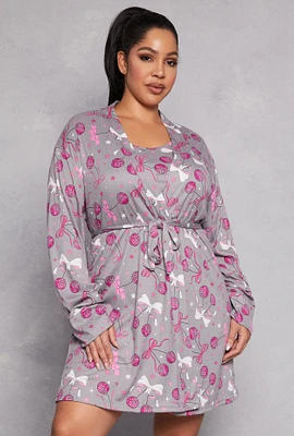 Womens Plus Size Disco Cherry Print Cami Nightgown with Robe, Grey, Size 1X