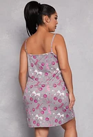 Womens Plus Size Disco Cherry Print Cami Nightgown with Robe, Grey, Size 2X