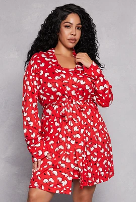 Womens Plus Size Cherry Heart Print Cami Nightgown with Robe, Red, Size 1X