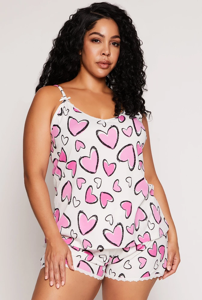 Womens Plus Size Heart Print Pajama Cami and Shorts, White, Size 3X