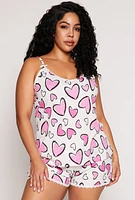 Womens Plus Size Heart Print Pajama Cami and Shorts, White, Size 3X