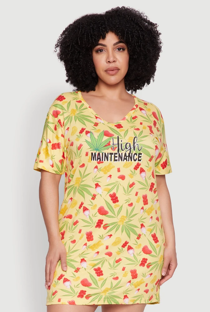 Womens Plus Size High Maintenance Graphic Sleepshirt, Yellow, Size 1X
