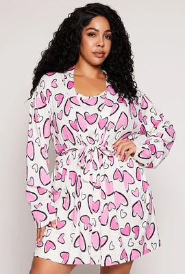 Womens Plus Size Heart Print Cami Nightgown with Robe, White, Size 2X