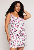 Womens Plus Size Heart Print Cami Nightgown with Robe, White, Size 2X