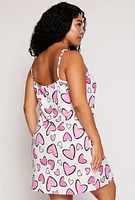 Womens Plus Size Heart Print Cami Nightgown with Robe, White, Size 2X