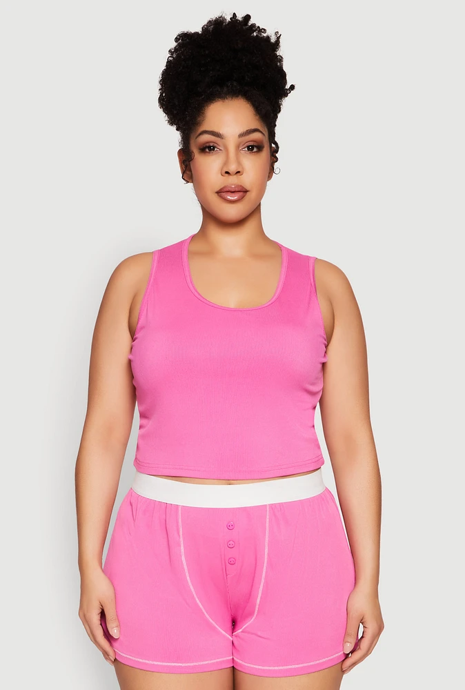 Womens Plus Size Cropped Tank Top and Boxer Briefs Pajama Set, Pink, Size 3X