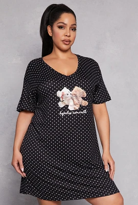 Womens Plus Polka Dot Teddy Bear Graphic Sleepshirt,