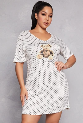 Womens Plus Size Polka Dot Teddy Bear Graphic Sleepshirt, White, Size 2X