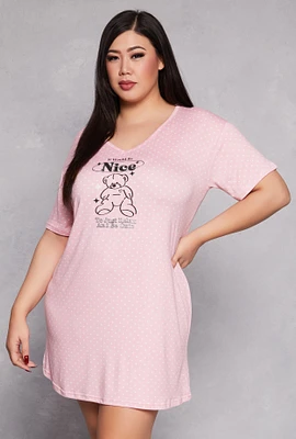 Womens Plus Size Polka Dot Teddy Bear Graphic Sleepshirt, Pink, Size 2X