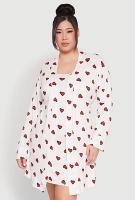 Womens Plus Size Heart Printed Pattern Cami Nightgown with Robe, White, Size 1X
