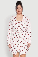 Womens Plus Size Heart Printed Pattern Cami Nightgown with Robe, White, Size 1X