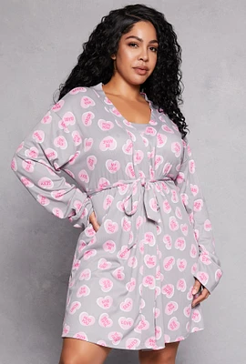 Womens Plus Size Candy Heart Cami Nightgown with Robe, Grey, Size 3X