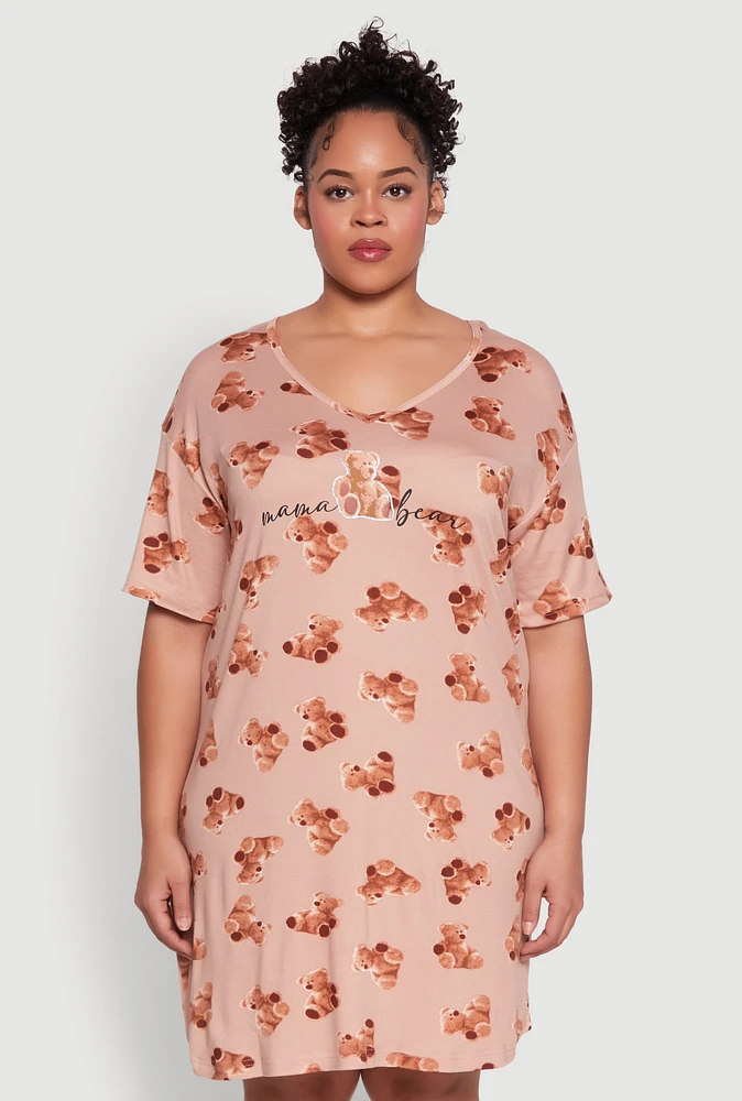 Womens Plus Size Mama Bear Graphic Sleepshirt, Brown, Size 3X