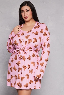 Womens Plus Size Bear Print Cami Nightgown with Robe, Pink, Size 2X