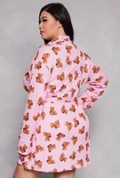 Womens Plus Size Bear Print Cami Nightgown with Robe, Pink, Size 2X
