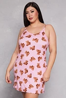 Womens Plus Size Bear Print Cami Nightgown with Robe, Pink, Size 2X