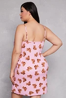 Womens Plus Size Bear Print Cami Nightgown with Robe, Pink, Size 2X