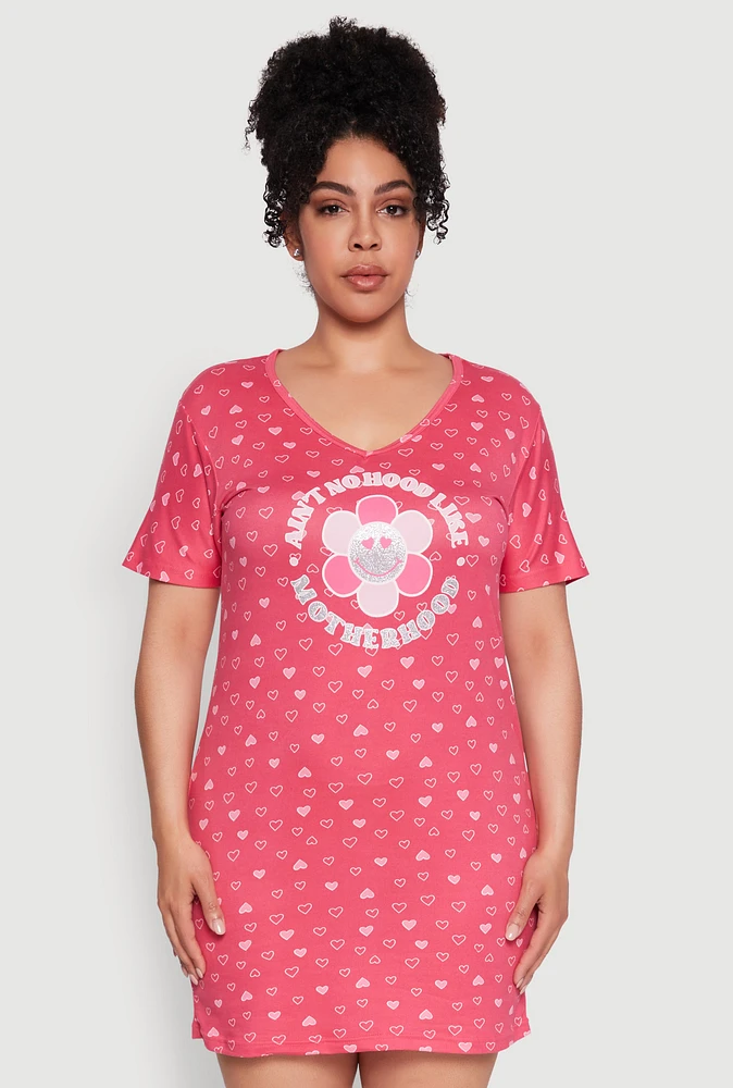 Womens Plus Size Aint No Hood Like Motherhood Sleepshirt, Pink, Size 1X
