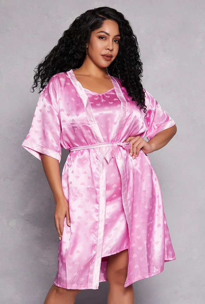 Womens Plus Satin Heart Print Cami Nightgown with Robe, 2X