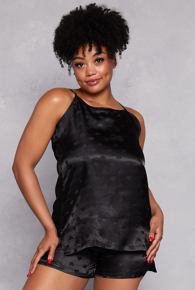Womens Plus Size Satin Heart Pajama Cami with Shorts, Black, Size 3X