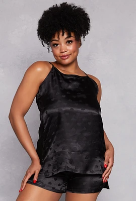Womens Plus Size Satin Heart Pajama Cami with Shorts, Black, Size 3X