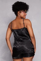 Womens Plus Size Satin Heart Pajama Cami with Shorts, Black, Size 3X