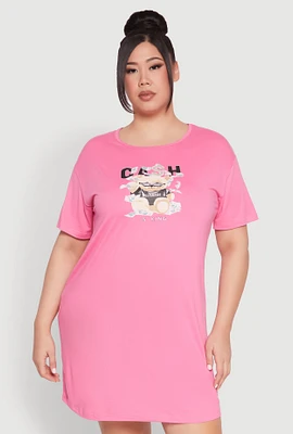 Womens Plus Size Cash Bear Graphic Sleepshirt, Pink, Size 1X
