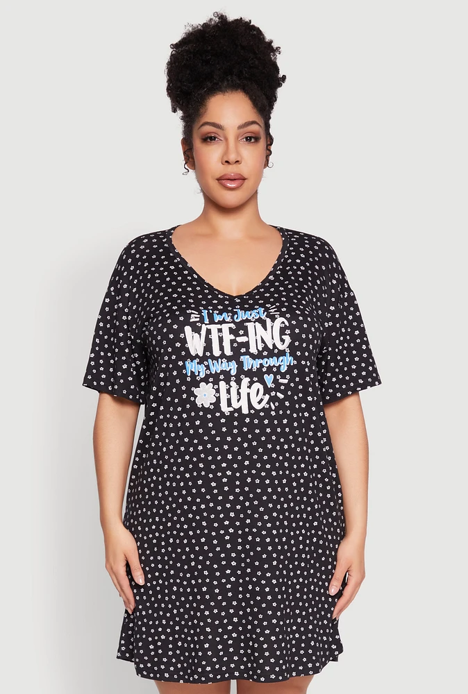 Womens Plus Size Flower Print Graphic Sleepshirt, Black, Size 1X