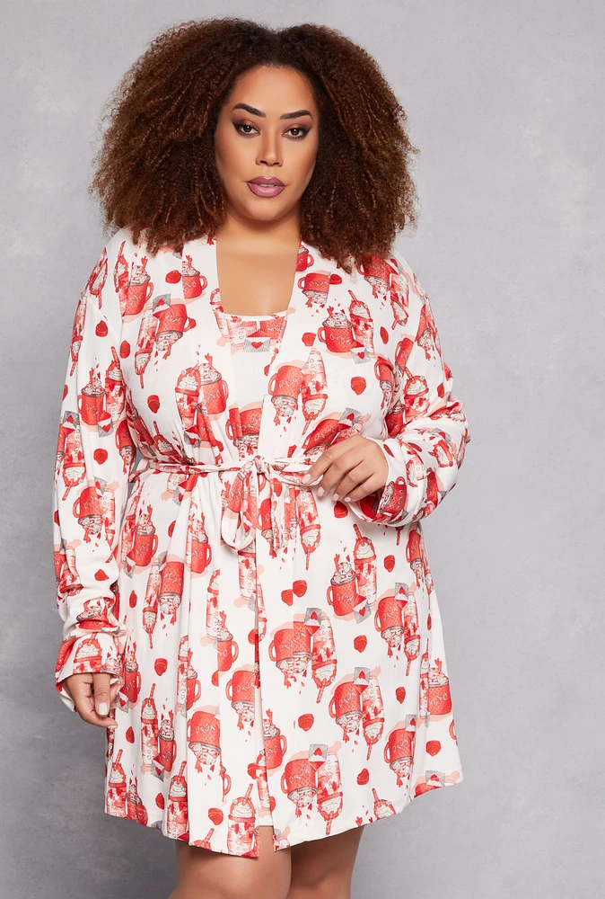 Womens Plus Milkshake Print Cami Nightgown with Robe, 1X