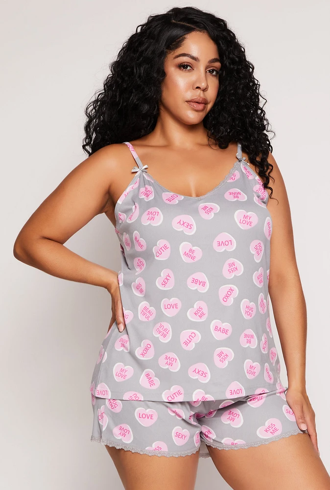 Womens Plus Heart Graphic Print Pajama Cami and Shorts, Grey,