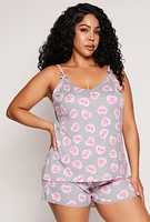 Womens Plus Size Heart Graphic Print Pajama Cami and Shorts, Grey, Size 2X