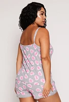 Womens Plus Size Heart Graphic Print Pajama Cami and Shorts, Grey, Size 2X