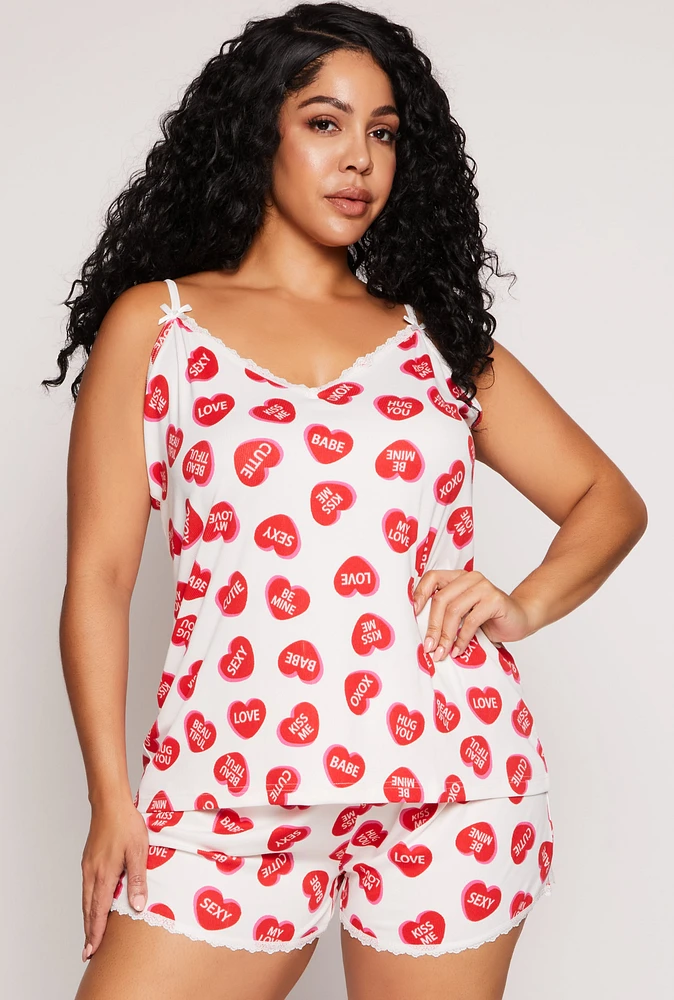Womens Plus Size Heart Graphic Print Pajama Cami and Shorts, White, Size 1X