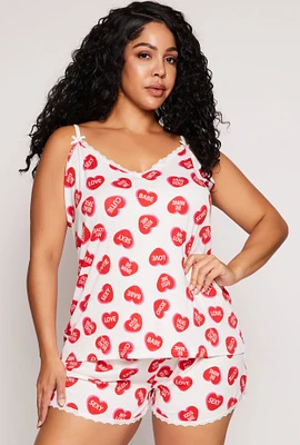 Womens Plus Size Heart Graphic Print Pajama Cami and Shorts, White, Size 1X