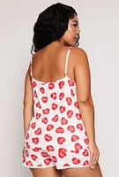 Womens Plus Heart Graphic Print Pajama Cami and Shorts, White,