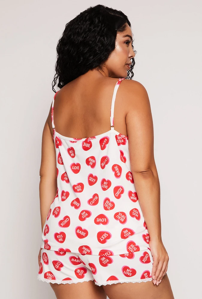 Womens Plus Size Heart Graphic Print Pajama Cami and Shorts, White, Size 1X