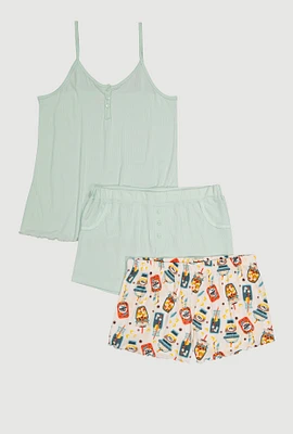 Womens Plus Pajama Cami and Shorts 3 Piece Set, Green,