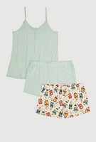 Womens Plus Pajama Cami and Shorts 3 Piece Set, Green,
