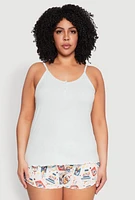 Womens Plus Pajama Cami and Shorts 3 Piece Set, Green,