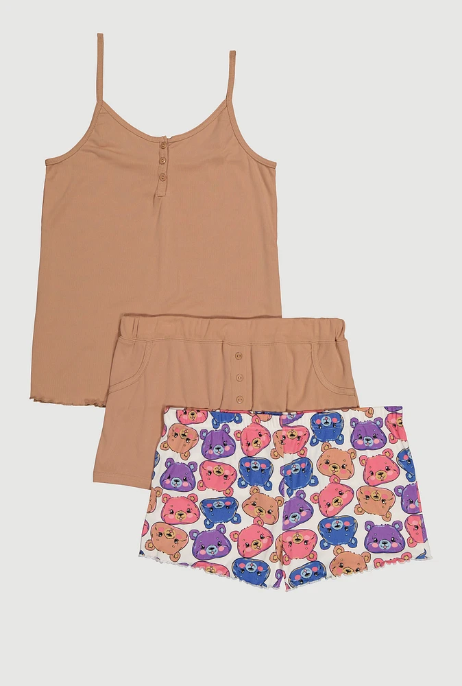 Womens Plus Size Pajama Cami with Shorts 3 Piece Set, Beige, Size 3X